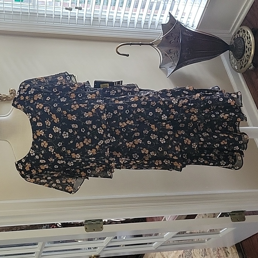 Leslie Fay navy mustard floral tiered dress short sheer sleeves lined sz 16 NEW…